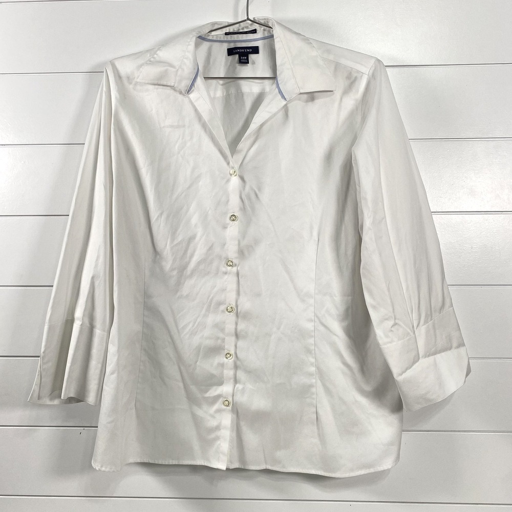 Lands' End Shirt Womens 24W No Iron Pinpoint Oxford White 3/4 Sleeve Button Down